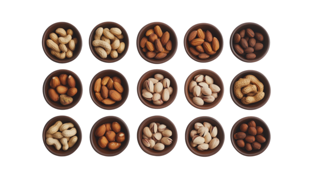 Set of, circular chocolate candies, assorted nuts, hazelnuts, almonds, pecans, arranged in rows, symmetrical layout, brown tones, confectionery, gourmet sweets,PNG file isolated on transparent backgro