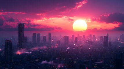 Fototapeta premium Futuristic city skyline pink sunset high resolution photo