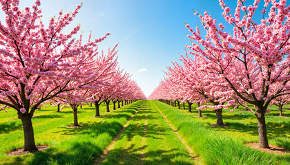 Naklejka premium Vibrant orchard blossoms under clear blue sky, spring beauty
