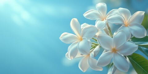 Naklejka premium Beautiful white flowers bloom against a serene blue background in a natural setting during daylight