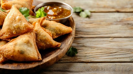 Delicious golden brown and crispy vegetable samosas served with flavourful tamarind chutney dip on a rustic wooden plate, presented on a textured weathered wooden table surface