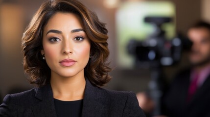Obraz premium Confident Businesswoman in Professional Setting with Camera in Background