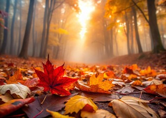 Misty Autumn Forest Floor: Vibrant Red and Orange Leaves Scattered on the Ground