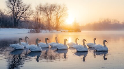 Group of White Swans on Winter Lake During Golden Sunrise