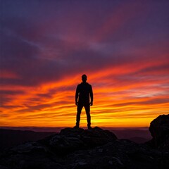 man standing on rock looking straight. Nature and beauty concept. Orange sundown. silhouette at sunset