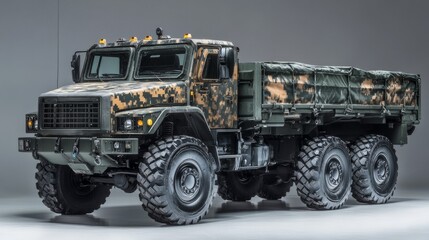 Military off-road truck parked in a studio, showcasing a camo design and robust structure with large tires