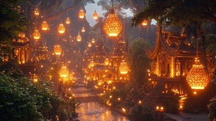 Obraz premium Mystical Asian temple lanterns night river scene