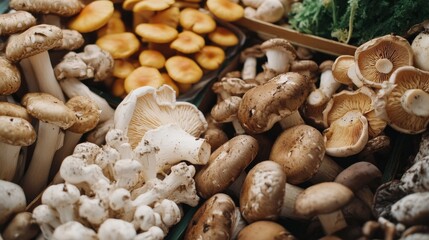 Fresh mushrooms arranged naturally, showcasing their organic textures and earthy tones. 