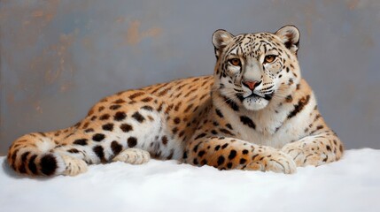 Obraz premium Majestic Leopard Relaxing on Soft White Surface with Neutral Background for Art Display