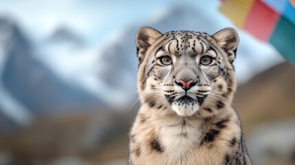 Obraz premium Majestic Snow Leopard Staring with Intensity Against a Mountainous Landscape in Nature
