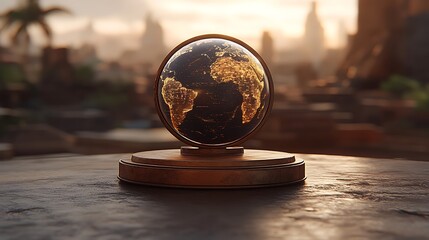 Golden globe on dark table at sunrise.