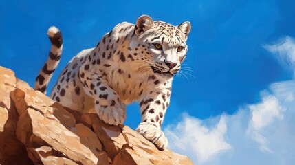 Obraz premium Majestic Snow Leopard Climbing Rocky Terrain Under Bright Blue Sky with Clouds