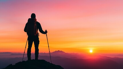 Adventurous Hiker Silhouetted Against Vibrant Sunset Over Mountain Range Landscape