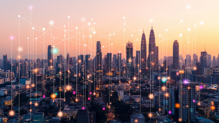 Obraz premium Cityscape Connectivity: An expansive urban panorama at dusk, showcasing a network of digital connections overlaying the city skyline, emphasizing smart technology and modern development.