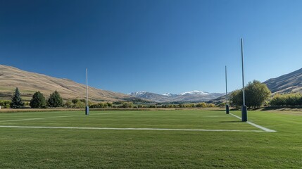 A rugby field with open space, white boundary lines, and goalposts standing tall with no players around.