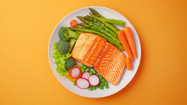 Colorful plate of fresh salmon with asparagus, carrots, and vibrant vegetables, bright background emphasizes healthy eating.