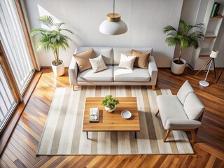 Modern Minimalist Living Room: White Sofa, Brown Coffee Table, Aerial View