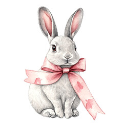 Obraz premium A pencil drawing of a white rabbit with pink ribbon around its neck.