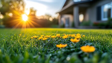 Fototapeta premium Beautiful Yellow Flowers on a Lawn During a Sunrise Near a Cozy House