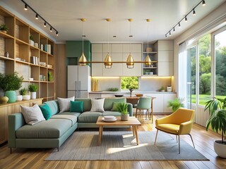 Fototapeta premium Modern Open Plan Kitchen Living Room Interior Design 3D Visualization - Stylish Contemporary Home