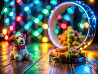 Modern Pet Treats & Toys: Neon Night Reflection - Wooden Background