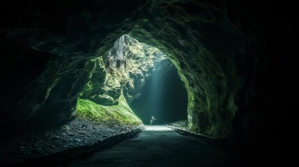 Solitary Figure in Mysterious Underground Cave Tunnel