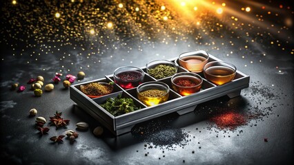 Modern Tea Sampler Box: Futuristic Black & White Product Photo