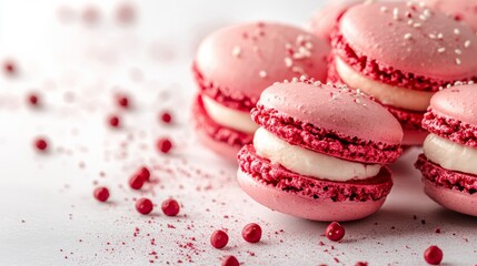 Fototapeta premium Delightful pink macarons decorated with sprinkles create a sweet treat for dessert lovers in a cozy setting