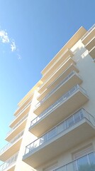 High-angle view of a tall, white building with balconies under blue sky