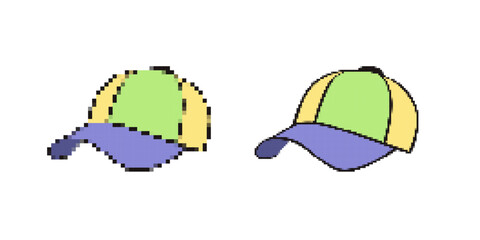 Two caps feature green yellow panels and blue peaks. one is pixel art style, and the other is vector art.