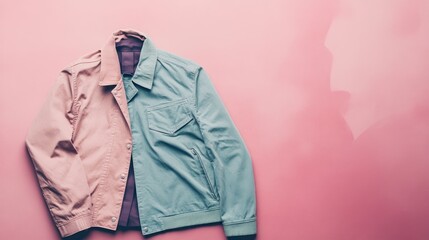 A single casual jacket lies on a flat pastel surface, offering negative space for design.