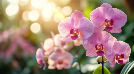Obraz premium Beautiful pink orchids blooming in a sunny garden setting during springtime
