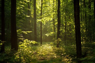 Fototapeta premium Serene Forest Clearing Illuminated by Soft Sunlight Filtering Through Lush Green Leaves in a Tranquil Setting