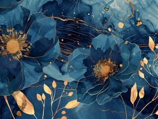 Luxury floral blue abstract background with gold hand drawn flowers