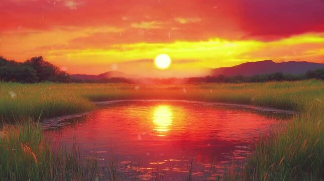 A stunning sunset reflects over a calm pond, surrounded by lush green grass. The sky glows with shades of red, orange, and yellow, creating a peaceful and warm atmosphere.Seamless looping 4k time-laps