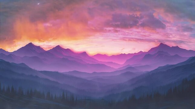 A breathtaking sunset over layered mountain peaks, bathed in shades of purple, pink, and orange. Seamless looping 4k time-lapse virtual video animation background. Generated AI