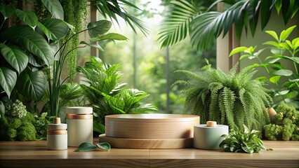 Fototapeta premium Natural Beauty Product Display: Green Podium with Lush Foliage