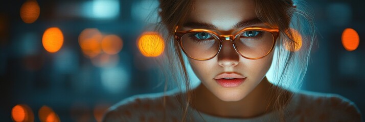 Data Analysis by Businesswoman Using Tablet in Futuristic Office Environment