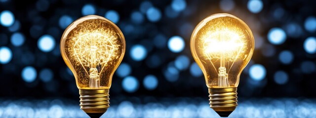 Two Glowing Light Bulbs on Blue Bokeh Background