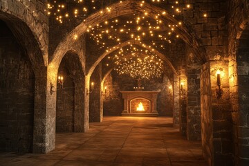 Fototapeta premium Enchanting Medieval Stone Hallway with Fairy Lights and Fireplace