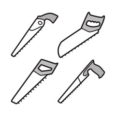 four hand saws for cutting wood, simple black and white line art