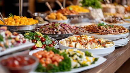 Obraz premium Assorted gourmet dishes on a buffet table, vibrant colors, fresh ingredients, perfect for food events and gatherings.