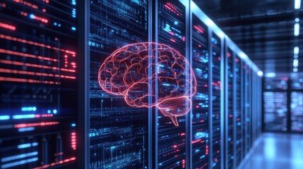 Digital Brain Concept in Modern Data Server Room Environment
