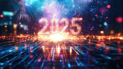 Glowing 2025 over city, fireworks, new year's eve