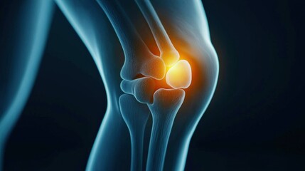 A digital illustration of a knee joint, highlighting inflammation with a glowing effect, emphasizing the structure and function of the human knee.