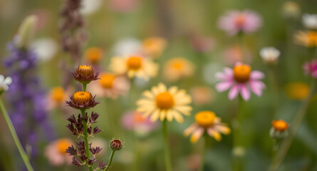 Fototapeta premium Background nature, flowers. Blurred background of wildflowers, soft light, emphasis on natural colors and textures. 