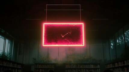 Neon Sign Library  Glowing Red Sign Above Bookshelves