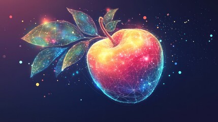 Glowing polygonal apple, dark background, digital art, food concept