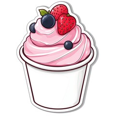 cute smiley happy cartoon sticker creamy strawberry frozen yogurt paper cup character illustration drawing, white background	
