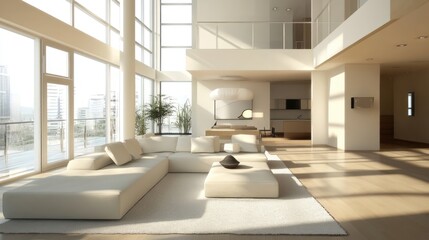 A spacious, well-lit living room featuring neutral furniture, high ceilings, and contemporary design.